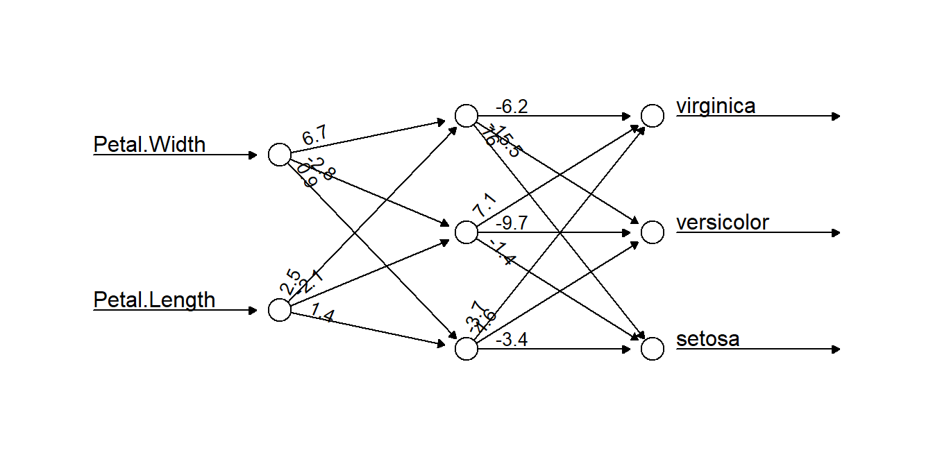 A diagram with two data input circles, connected to three neurons circles, in turn connected to three circles labelled with the species names 'virginica', 'versicolor','setosa' which represent classification probabilities