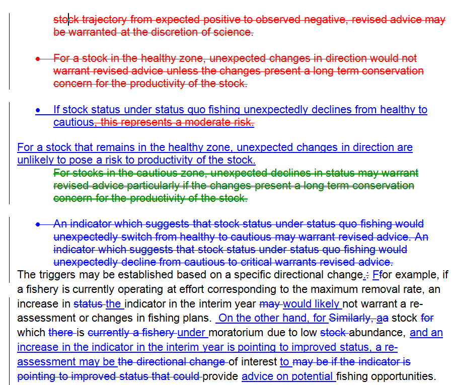 Example screenshot of Track Changes in Word showing numerous crossings out and edits, which leave the reader where to start editing.